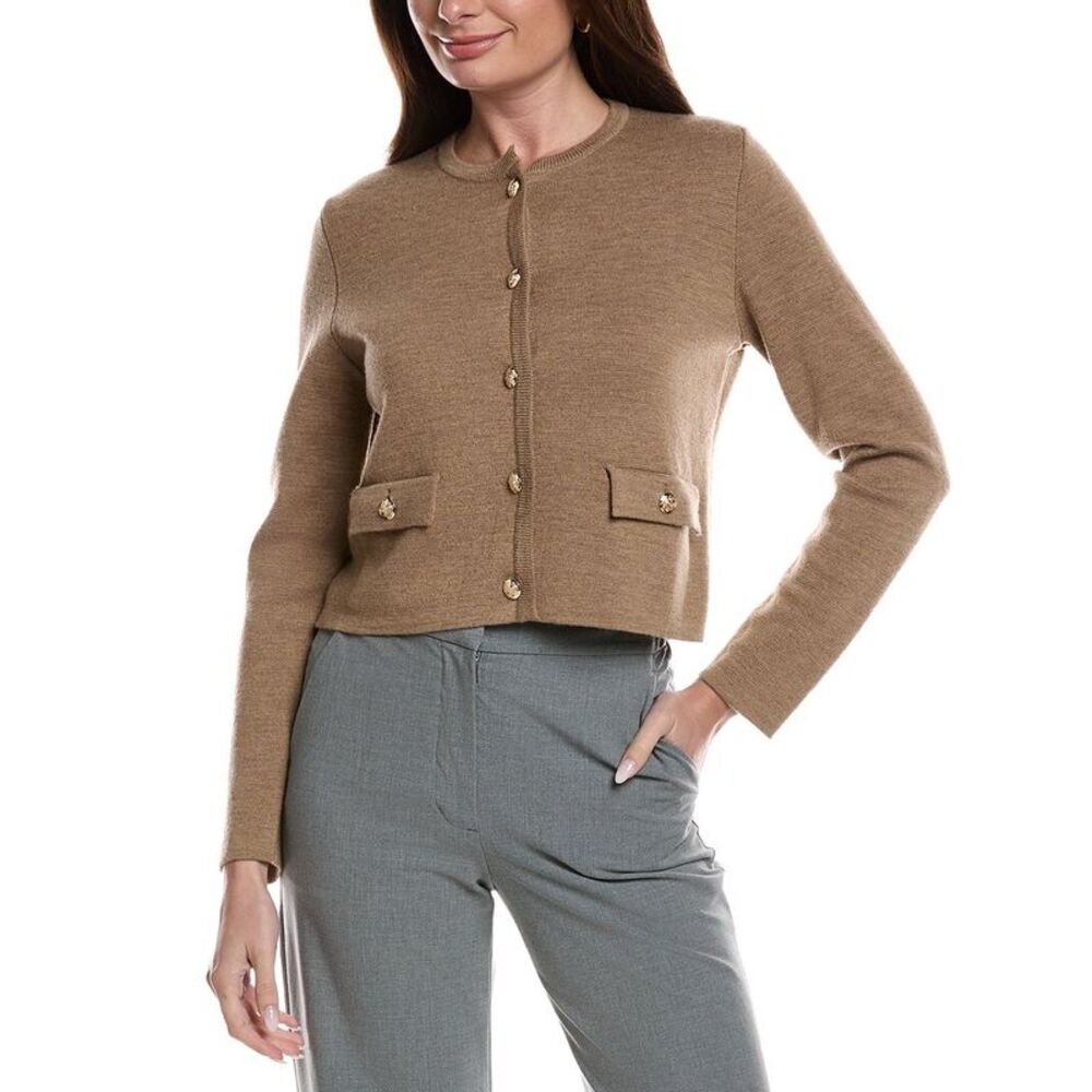 Bruno Magli Womens Merino Wool Cropped Crewneck Jacket, Tan
